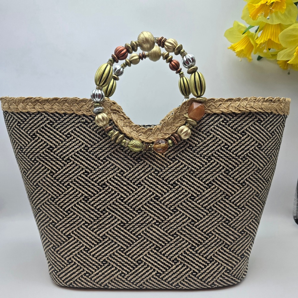 Cappelli‎ Straworld Woven Tote Summer Bag Black Tan Chevron Beaded Handle Purse